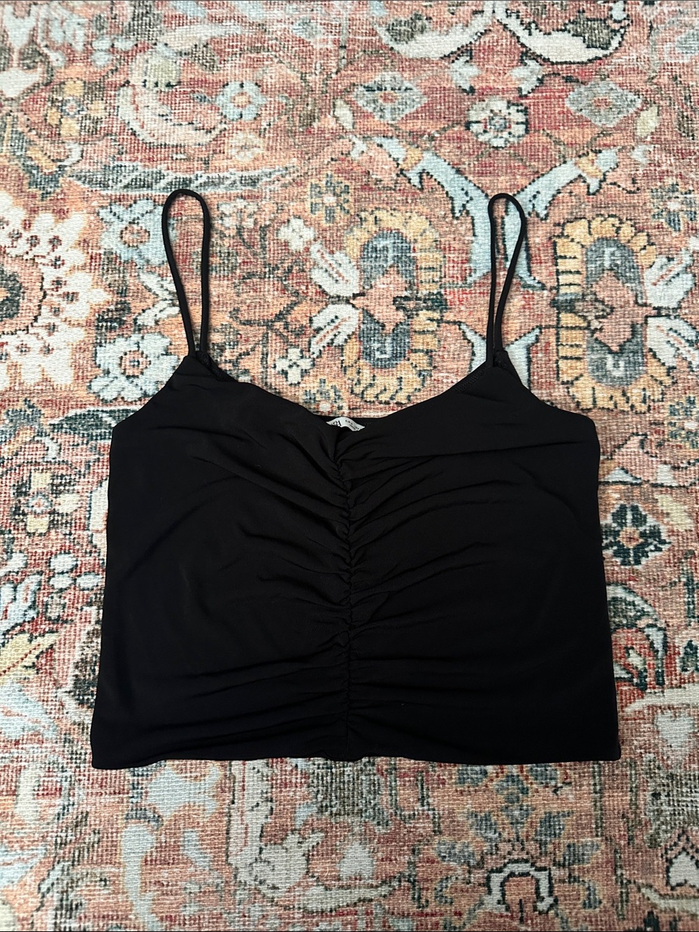 Zara Black Ruched Front Spaghetti Strap Crop Top size Small